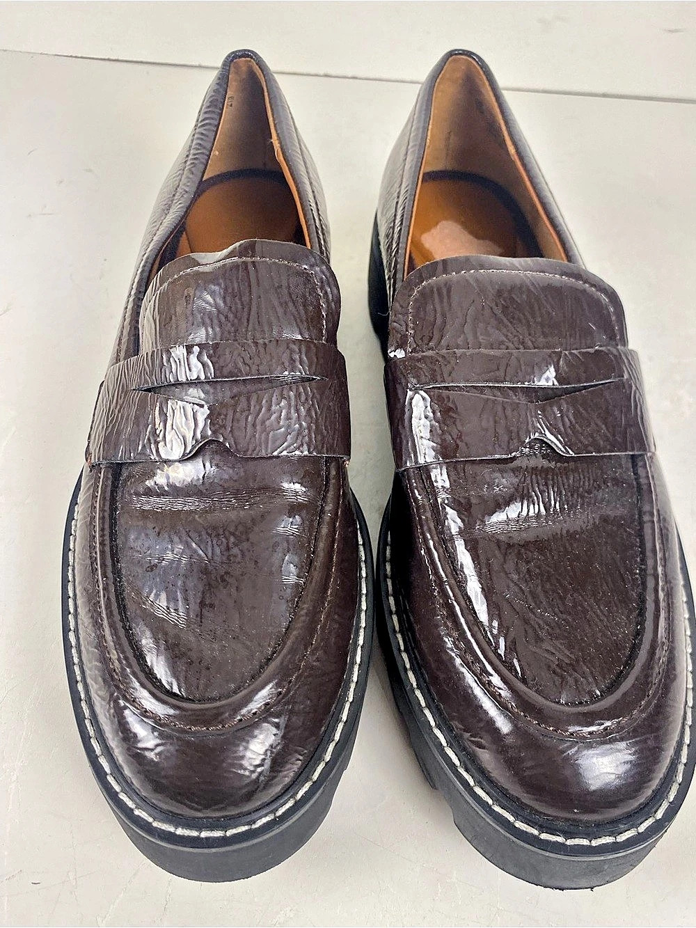 Franco Sarto Brown Lug Sole Loafers Size 7
Area Of Pealing On Insole - Picture 2 of 14